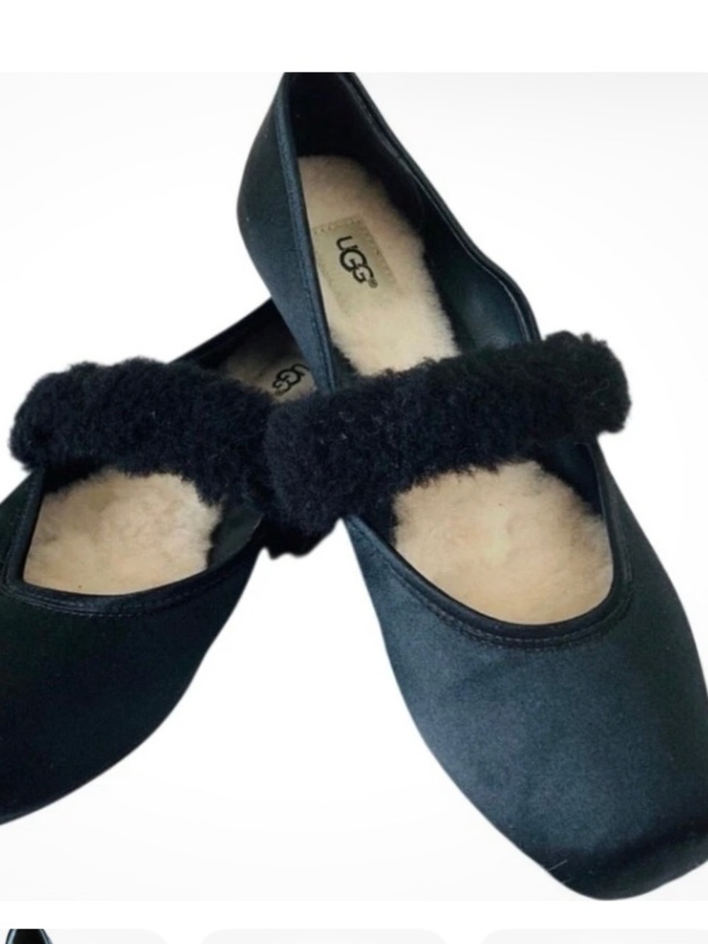 UGG Lena Fluff Ballet Flats in Black Satin with Shearling Trim